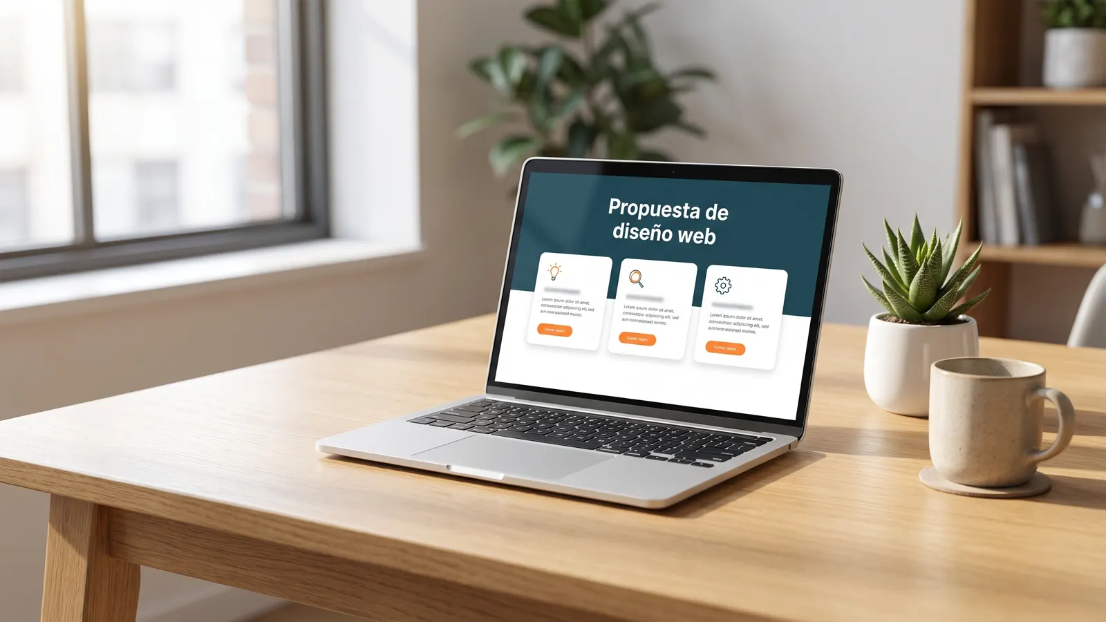 Laptop sobre un escritorio mostrando una propuesta de diseño web con tres opciones